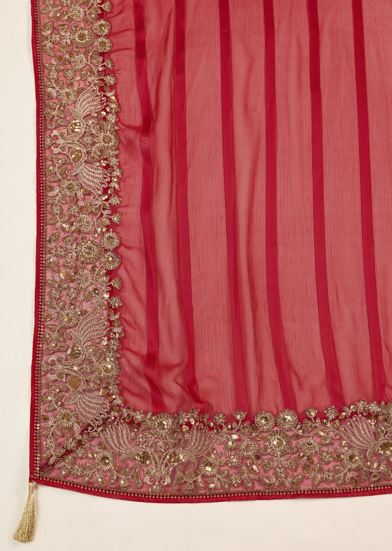 Red Chiffon Embroidery Saree with Unsttiched Blouse Piece For Women's