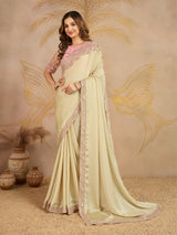 Beige Satin Embroidery work Saree with Unstitched Blouse Piece For Women's