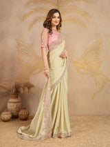 Beige Satin Embroidery work Saree with Unstitched Blouse Piece For Women's