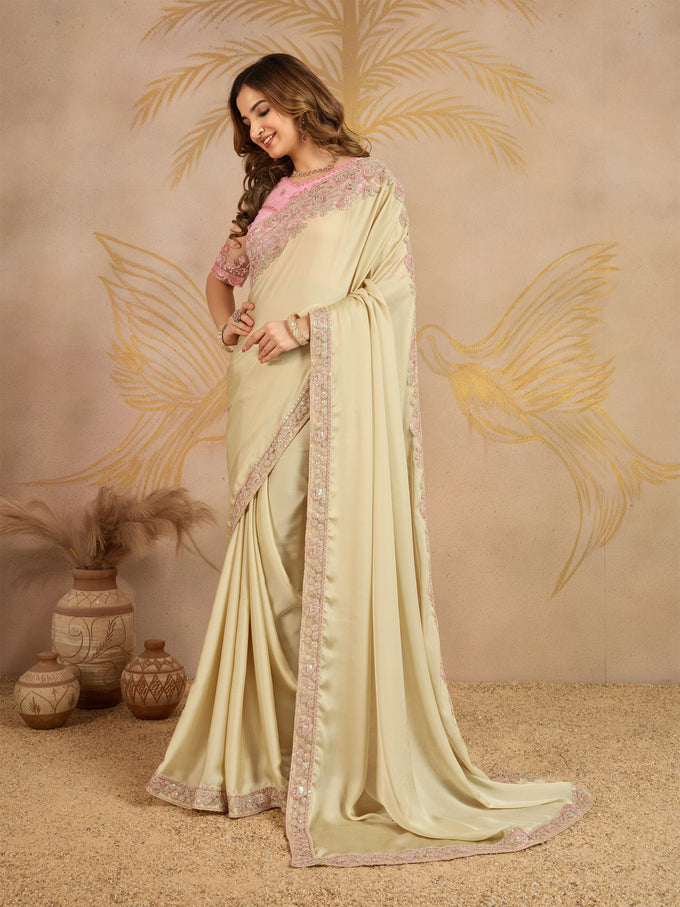Beige Satin Embroidery work Saree with Unstitched Blouse Piece For Women's Trendmalls