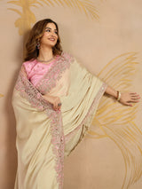 Beige Satin Embroidery work Saree with Unstitched Blouse Piece For Women's