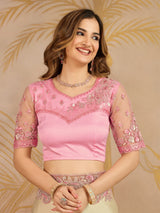 Beige Satin Embroidery work Saree with Unstitched Blouse Piece For Women's