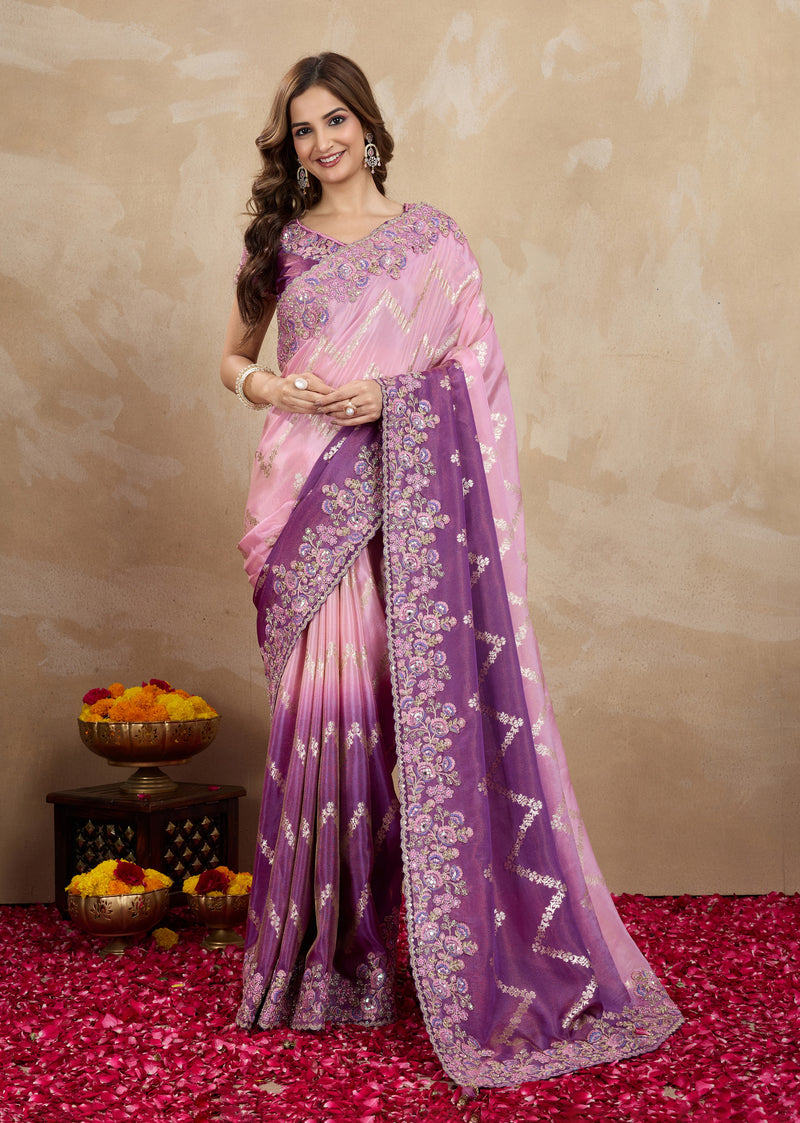Purple Jecquard Silk Embroidery Work Saree With Unstitched Blouse Piece