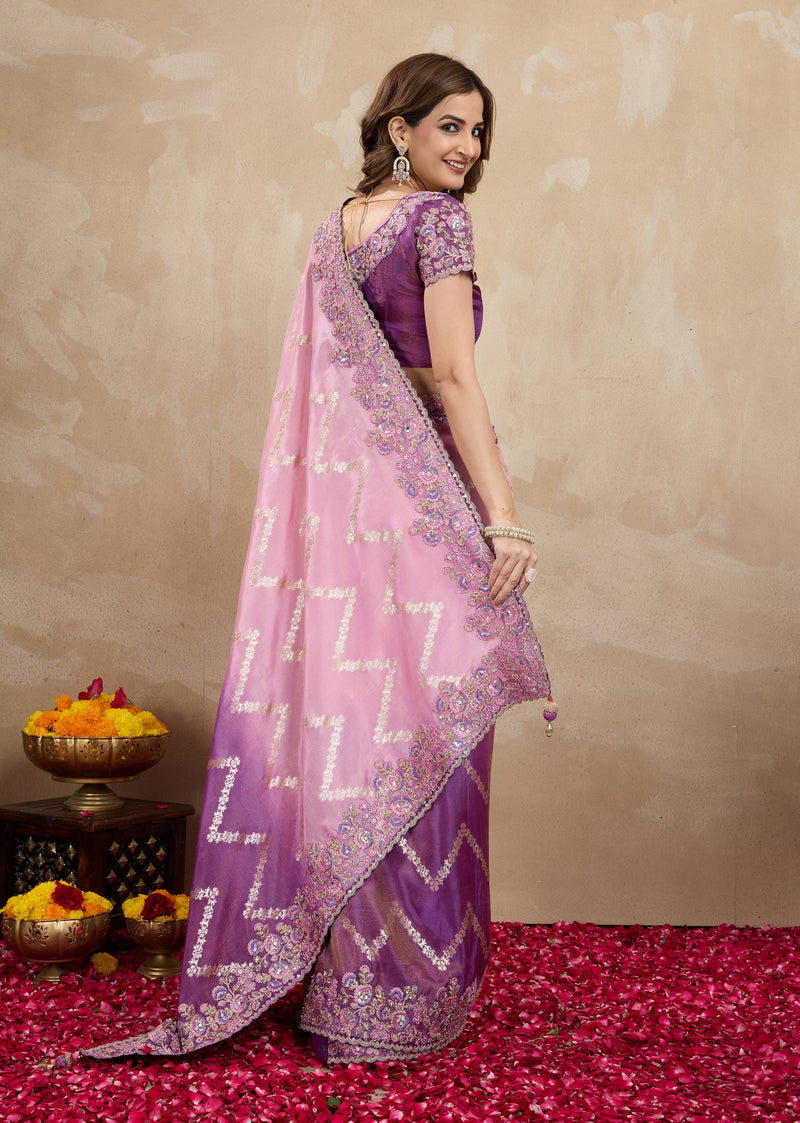 Purple Jecquard Silk Embroidery Work Saree With Unstitched Blouse Piece