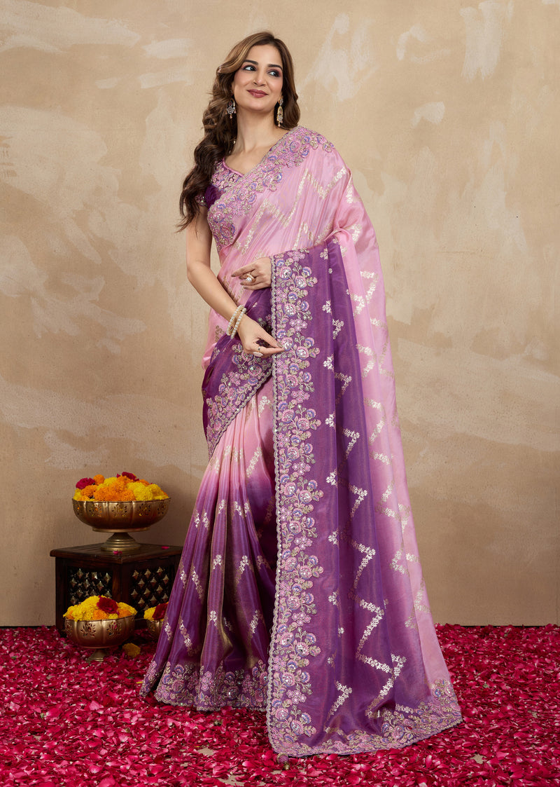 Purple Jecquard Silk Embroidery Work Saree With Unstitched Blouse Piece