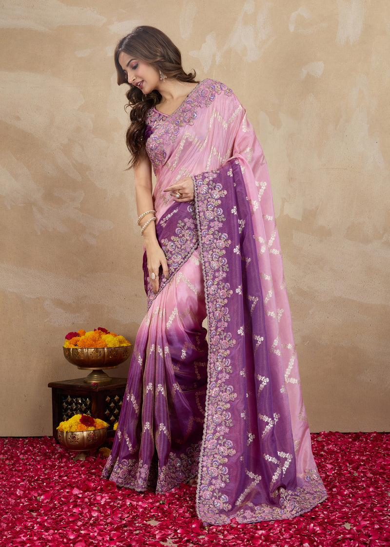 Purple Jecquard Silk Embroidery Work Saree With Unstitched Blouse Piece