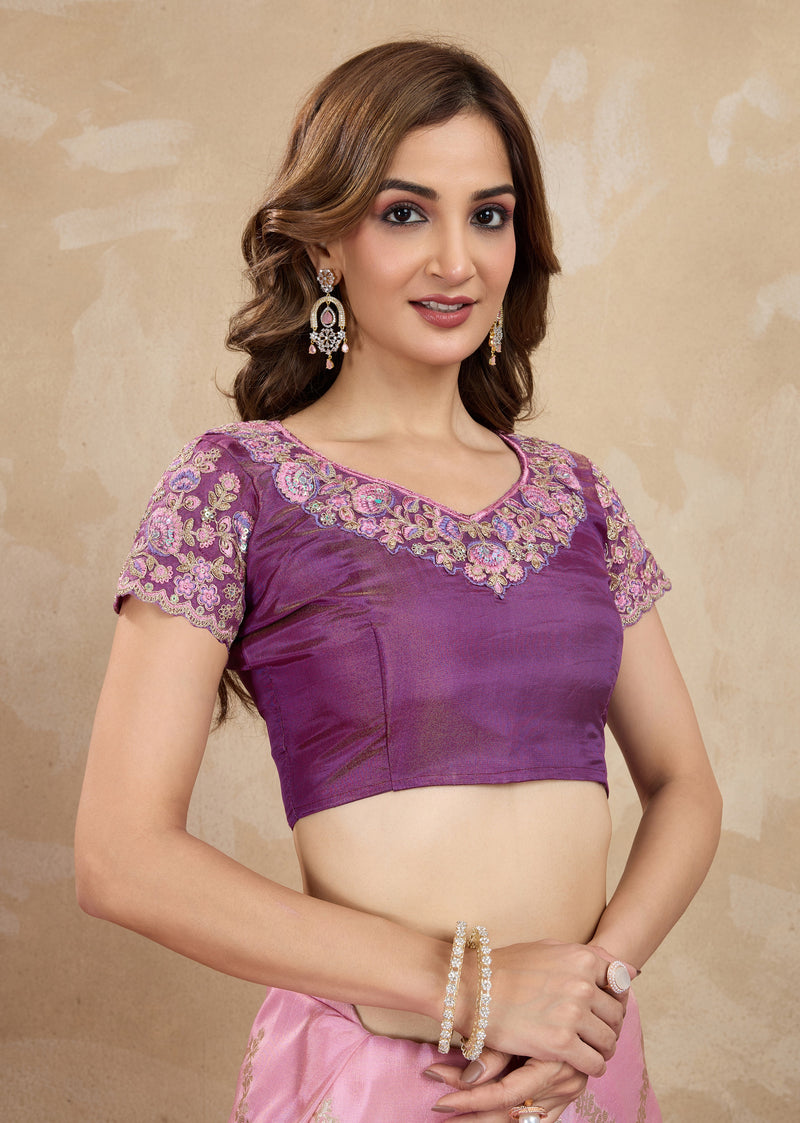 Purple Jecquard Silk Embroidery Work Saree With Unstitched Blouse Piece
