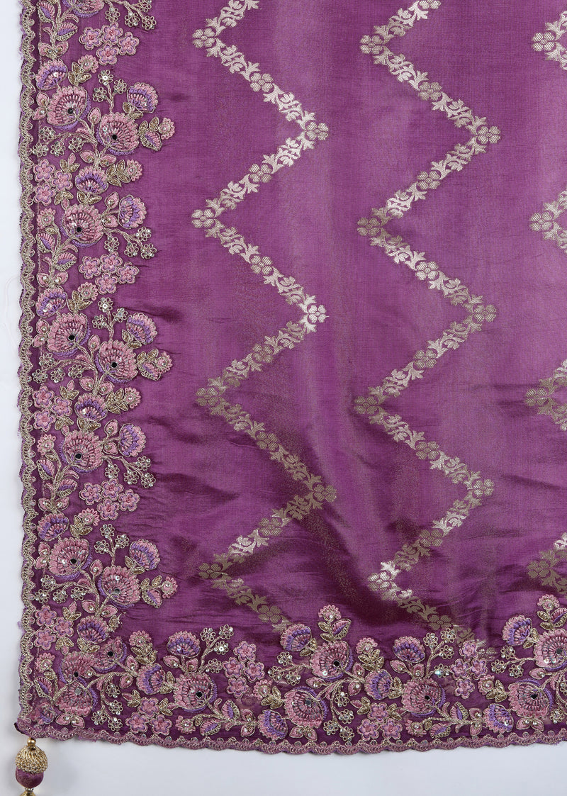 Purple Jecquard Silk Embroidery Work Saree With Unstitched Blouse Piece