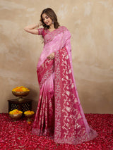Darkpink Jacquard Silk Embroidery Sequence Work Saree with Unstitched Blouse Piece