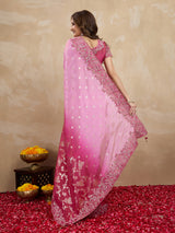 Darkpink Jacquard Silk Embroidery Sequence Work Saree with Unstitched Blouse Piece