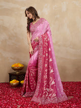 Darkpink Jacquard Silk Embroidery Sequence Work Saree with Unstitched Blouse Piece