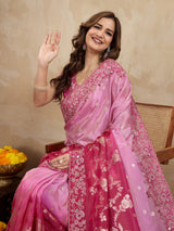 Darkpink Jacquard Silk Embroidery Sequence Work Saree with Unstitched Blouse Piece