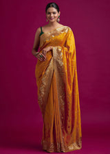 Yellow Art Silk Embroidery Work Saree With Unstitched Blouse Piece For Woman's