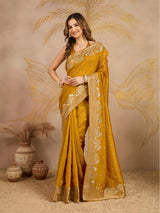 Yellow Art Silk Embroidery Work Saree With Unstitched Blouse Piece For Woman's