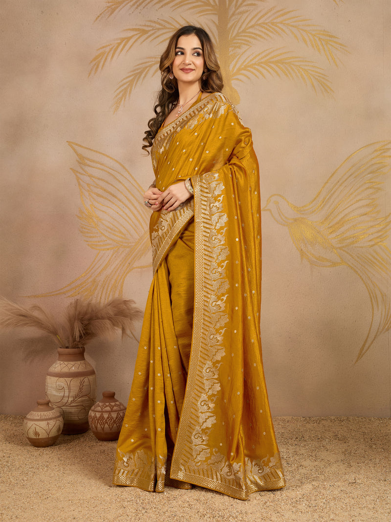 Yellow Art Silk Embroidery Work Saree With Unstitched Blouse Piece For Woman's