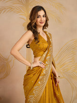Yellow Art Silk Embroidery Work Saree With Unstitched Blouse Piece For Woman's