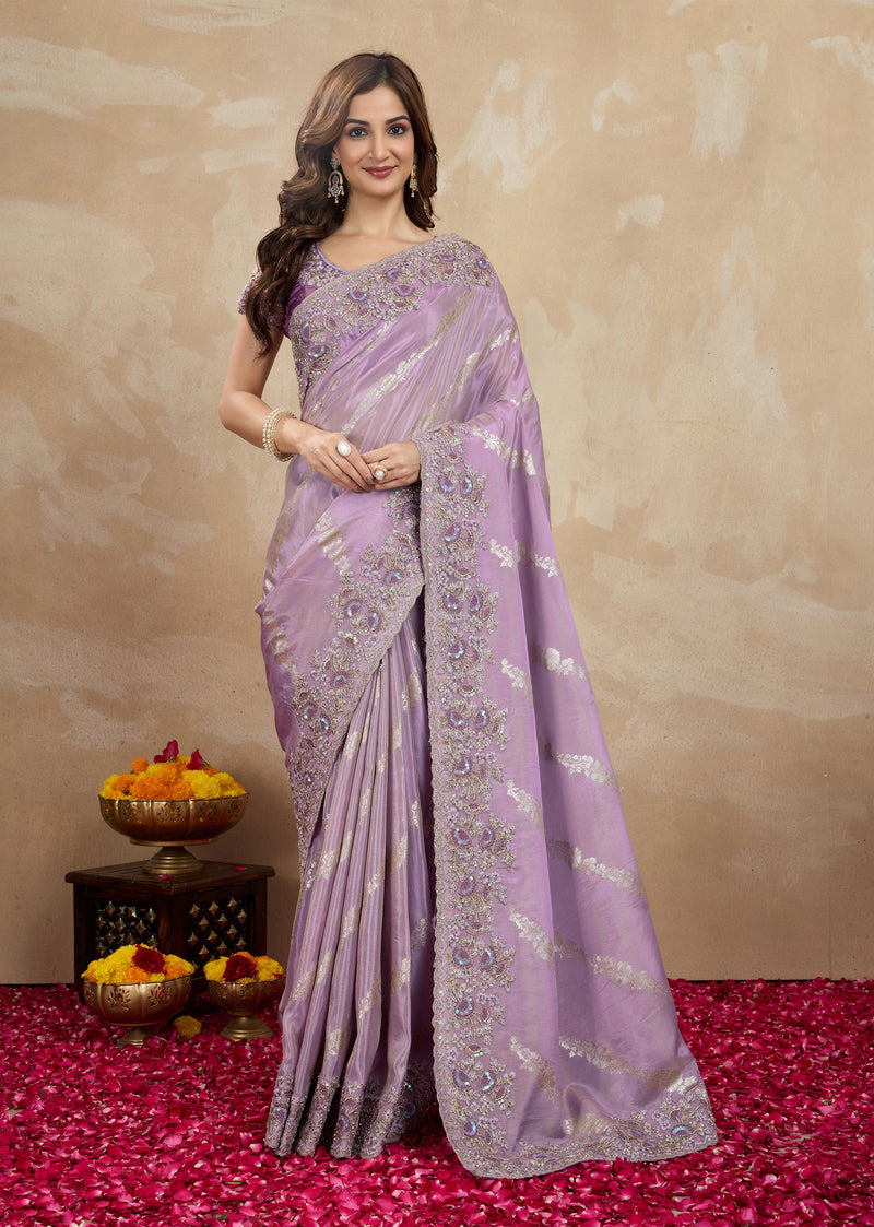Light Purple Jecquard Silk Embroidery Work Saree With Unstitched Blouse Piece For Woman's