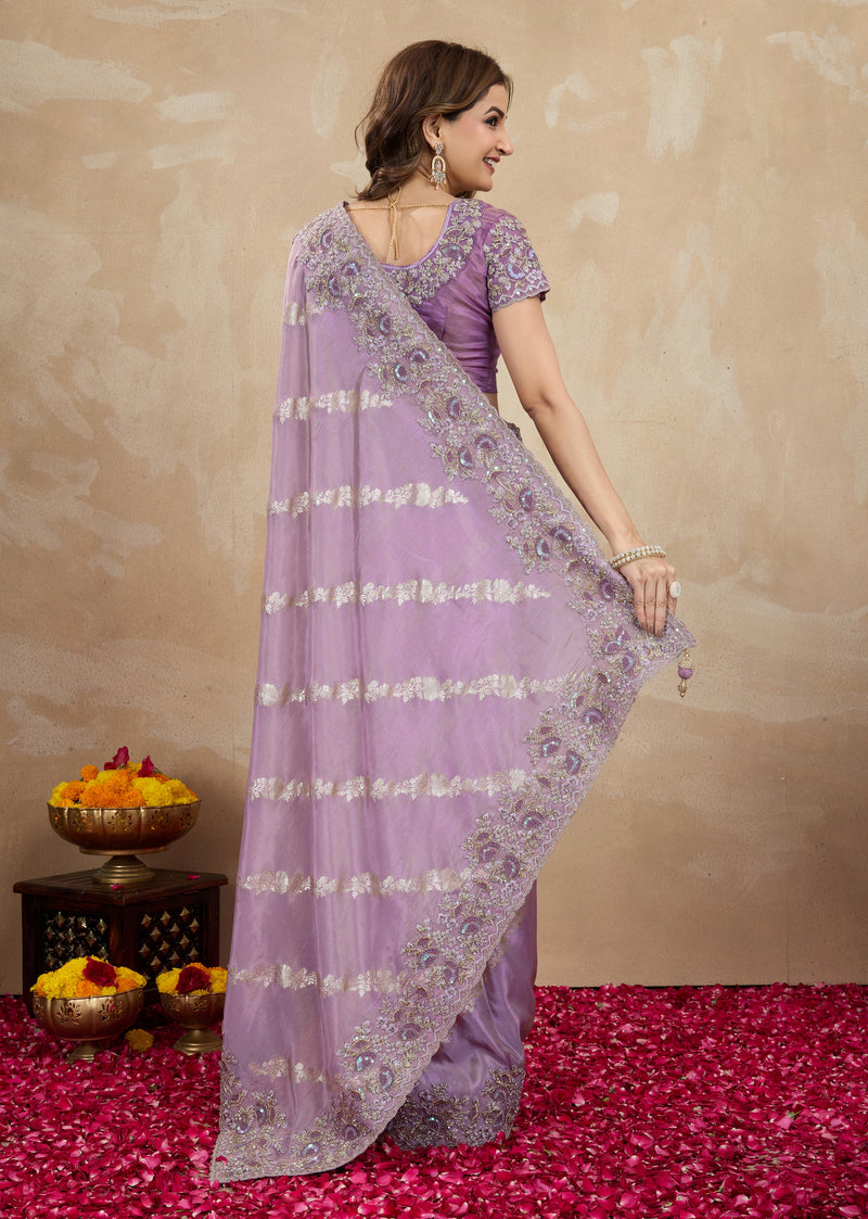 Light Purple Jecquard Silk Embroidery Work Saree With Unstitched Blouse Piece For Woman's