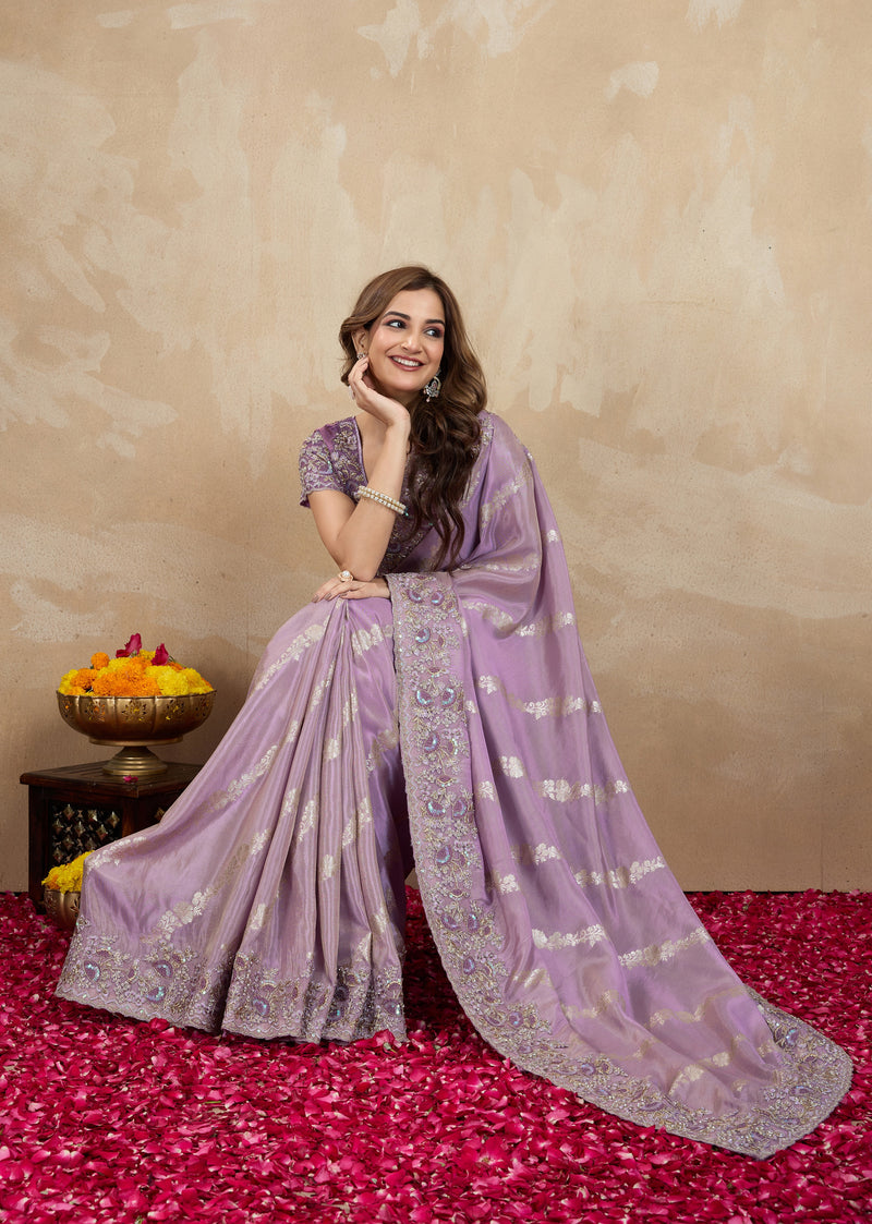 Light Purple Jecquard Silk Embroidery Work Saree With Unstitched Blouse Piece For Woman's