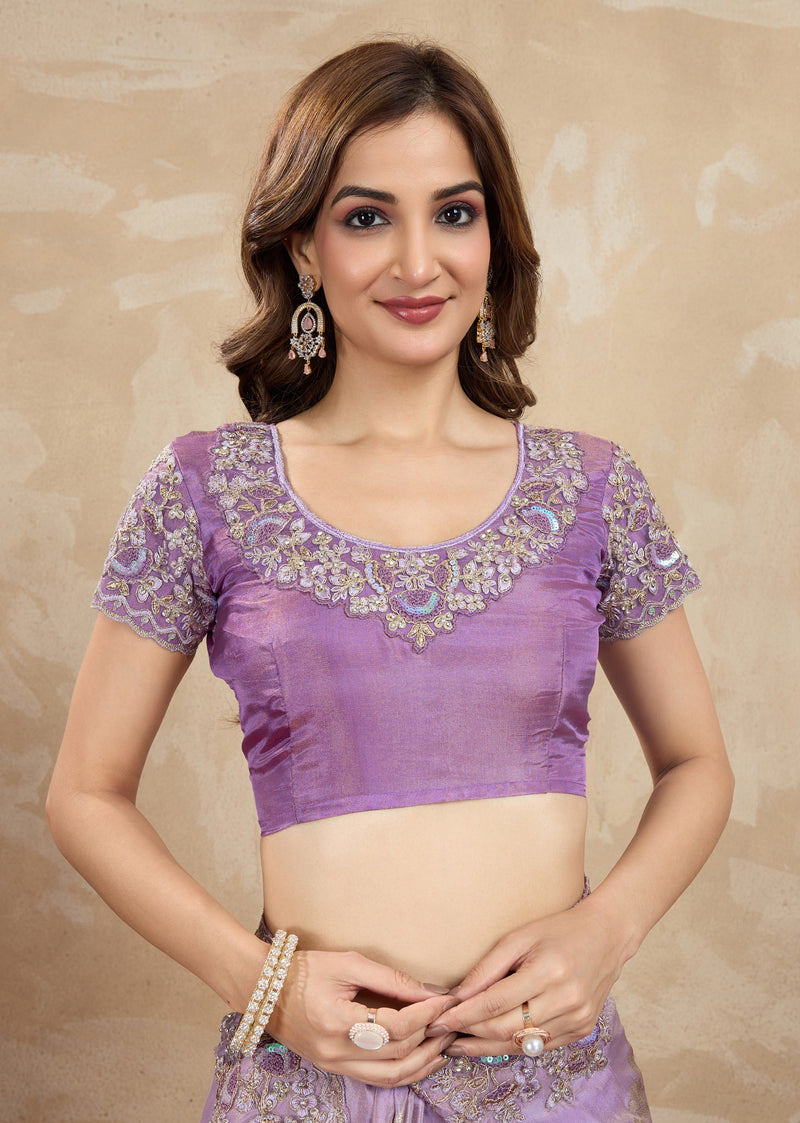 Light Purple Jecquard Silk Embroidery Work Saree With Unstitched Blouse Piece For Woman's