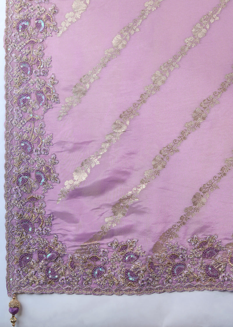 Light Purple Jecquard Silk Embroidery Work Saree With Unstitched Blouse Piece For Woman's