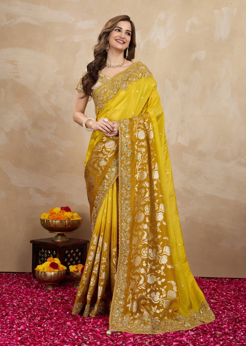 Yellow Jecquard Silk Embroidery Work Saree With Unstitched Blouse Piece For Woman's
