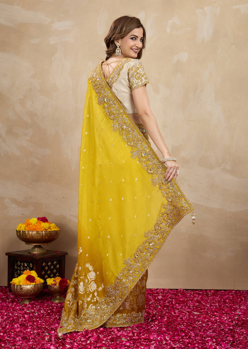 Yellow Jecquard Silk Embroidery Work Saree With Unstitched Blouse Piece For Woman's