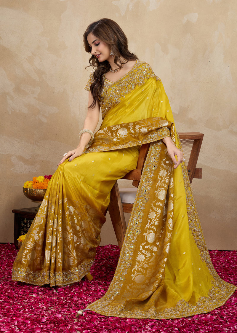 Yellow Jecquard Silk Embroidery Work Saree With Unstitched Blouse Piece For Woman's