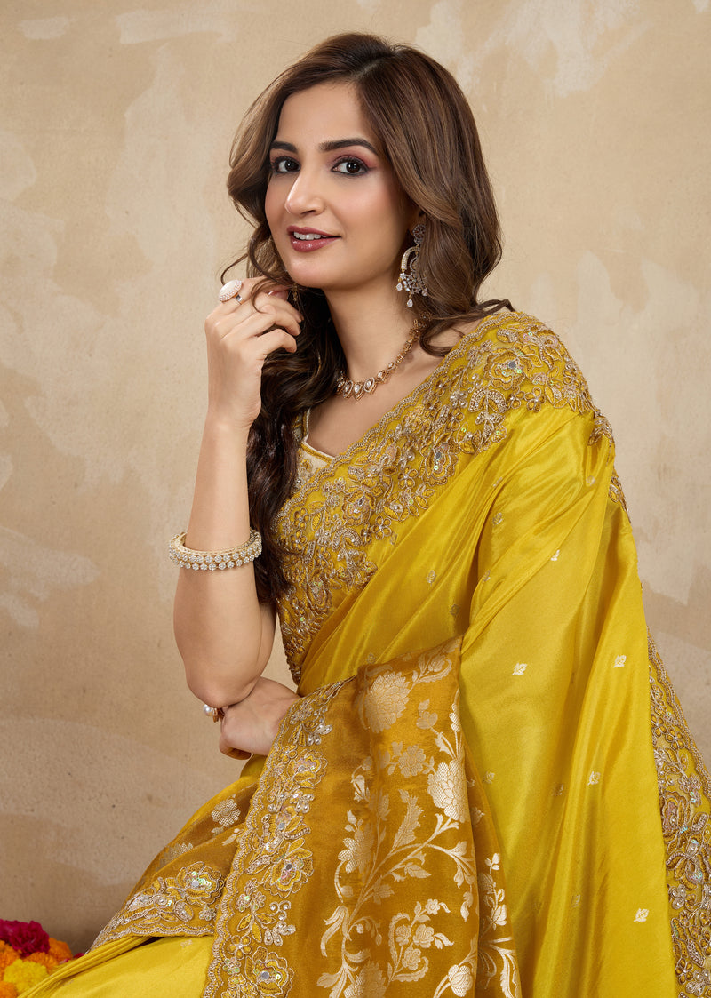 Yellow Jecquard Silk Embroidery Work Saree With Unstitched Blouse Piece For Woman's