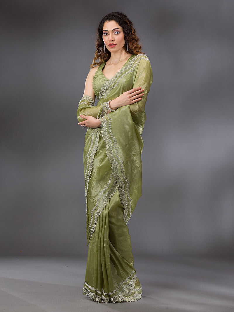 Women's Tussar Silk Siroski Work Saree with Unstitch Blouse Piece