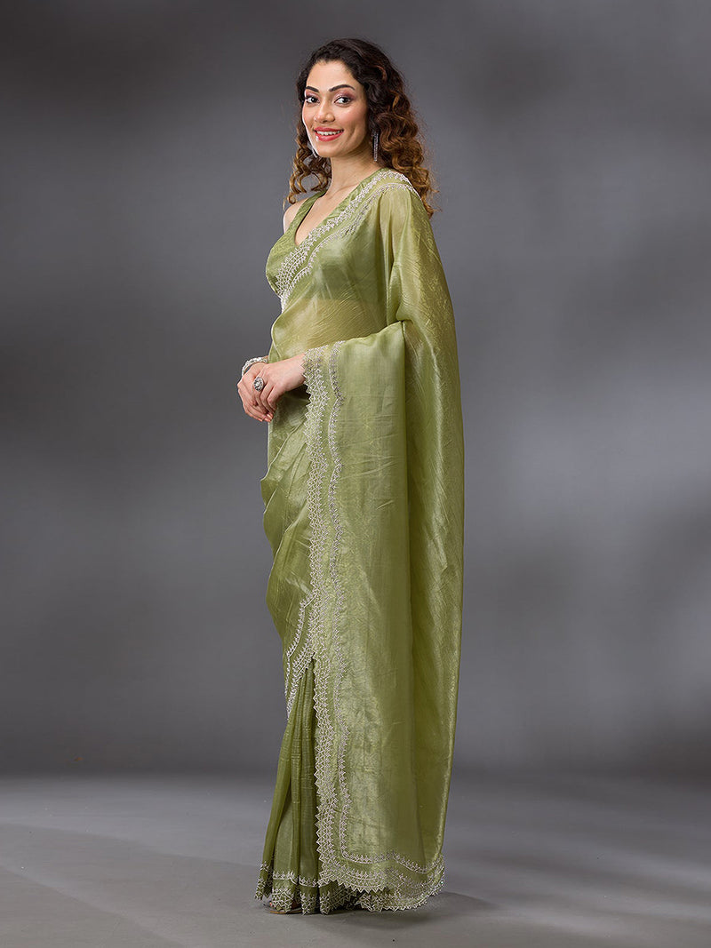 Women's Tussar Silk Siroski Work Saree with Unstitch Blouse Piece
