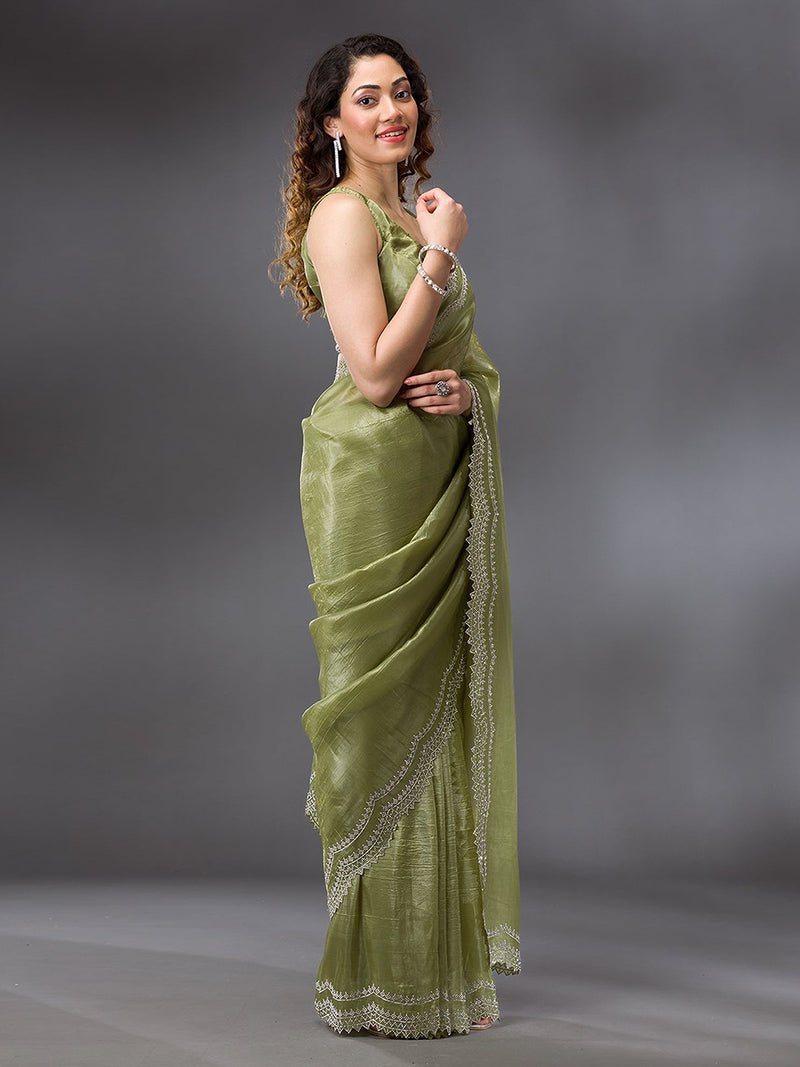 Women's Tussar Silk Siroski Work Saree with Unstitch Blouse Piece