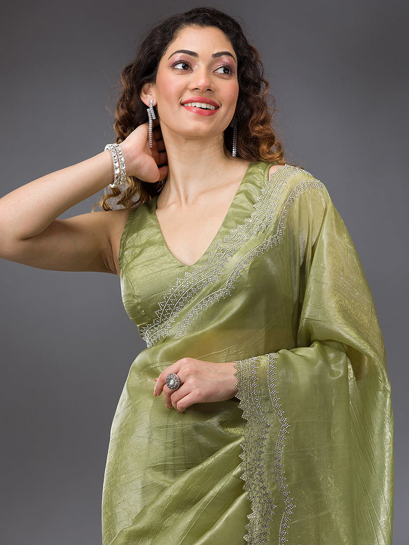 Women's Tussar Silk Siroski Work Saree with Unstitch Blouse Piece