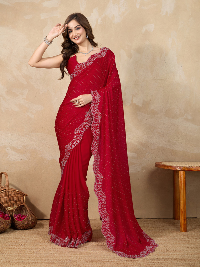 Women's Red Satin Siroski Work Saree with Unstitch Blouse Piece