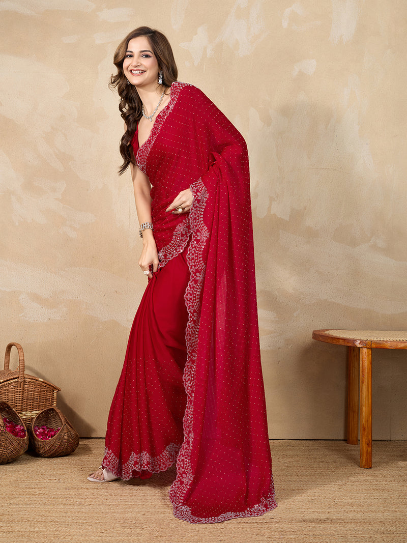 Women's Red Satin Siroski Work Saree with Unstitch Blouse Piece