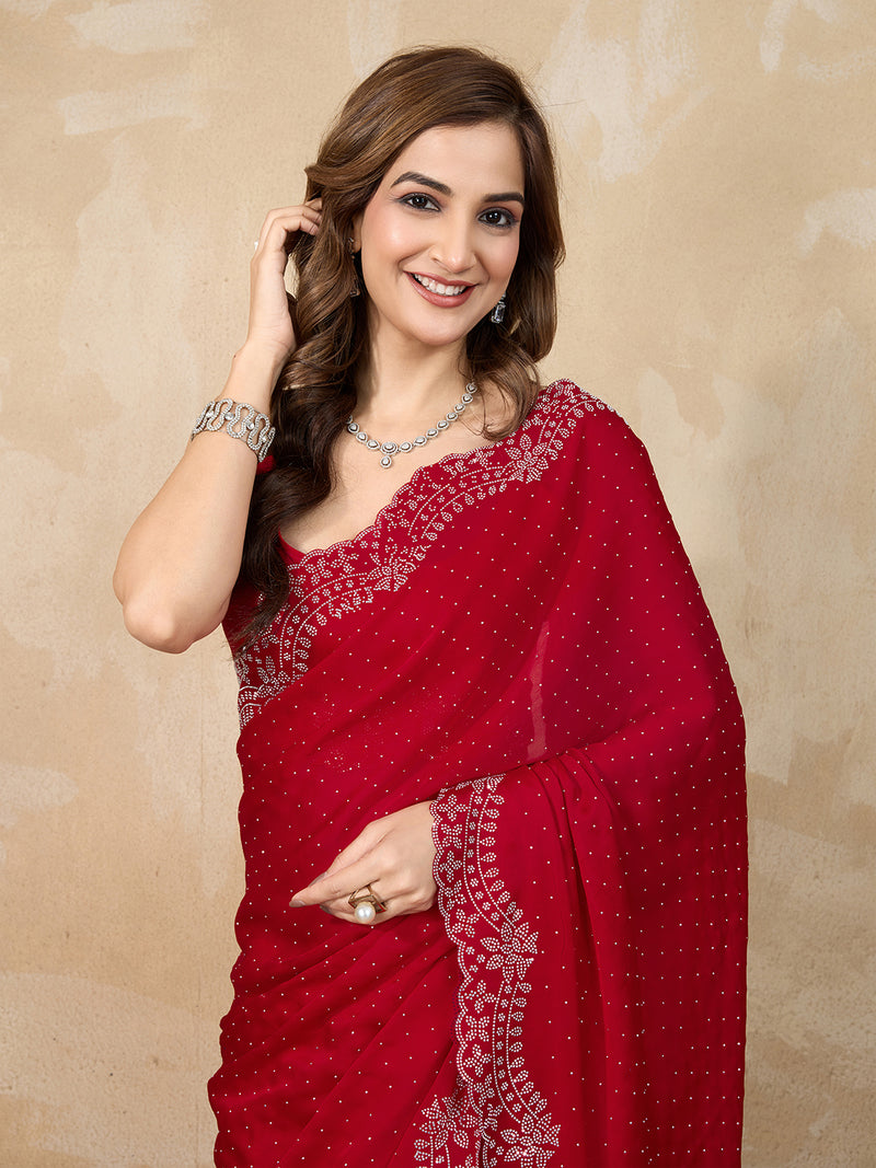 Women's Red Satin Siroski Work Saree with Unstitch Blouse Piece