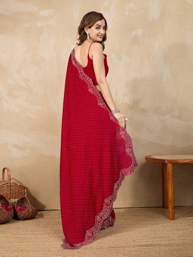 Women's Red Satin Siroski Work Saree with Unstitch Blouse Piece