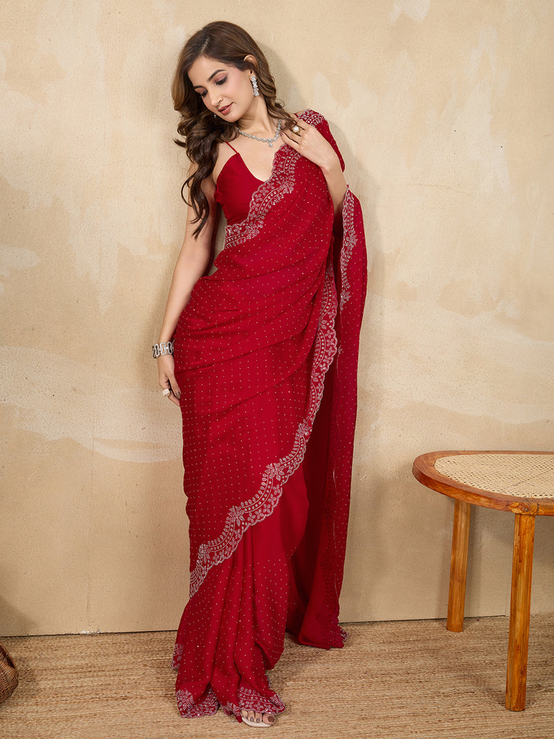 Women's Red Satin Siroski Work Saree with Unstitch Blouse Piece