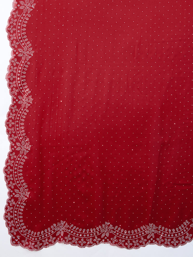 Women's Red Satin Siroski Work Saree with Unstitch Blouse Piece