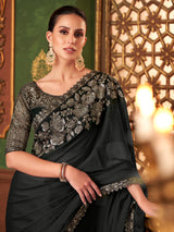 Black Chiffon Embroidery Saree with Unsttiched Blouse Piece For Women's
