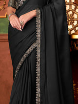 Black Chiffon Embroidery Saree with Unsttiched Blouse Piece For Women's