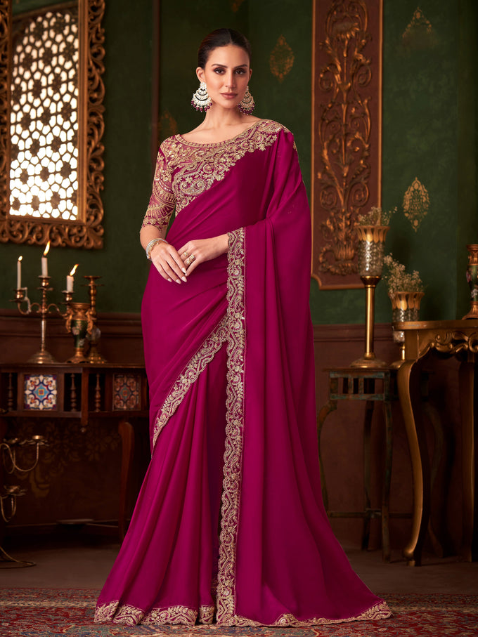Satin Embroidery With Sequence Work Saree with Unstitched Blouse Trendmalls