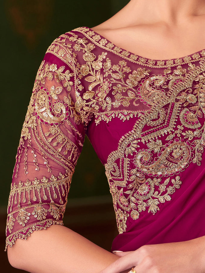 Satin Embroidery With Sequence Work Saree with Unstitched Blouse Trendmalls