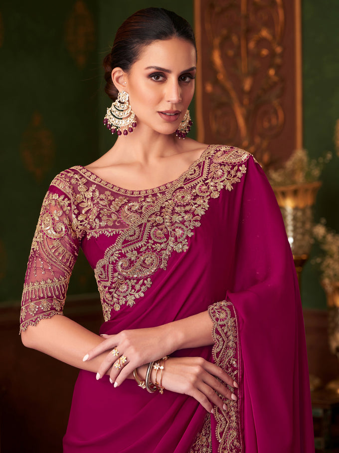 Satin Embroidery With Sequence Work Saree with Unstitched Blouse Trendmalls