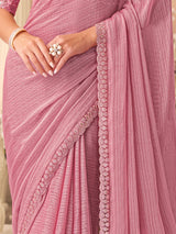 Light Pink Chiffon Embroidery Sequence work Saree with Unstitched Blouse Piece Trendmalls