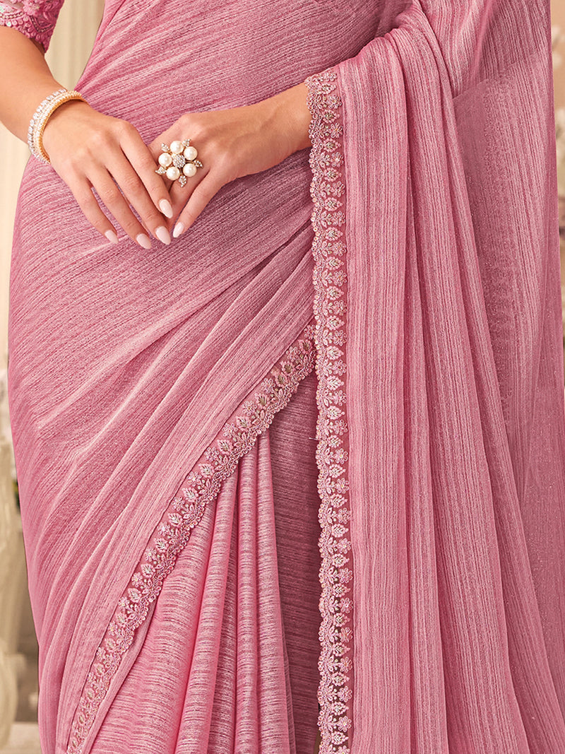 Light Pink Chiffon Embroidery Sequence work Saree with Unstitched Blouse Piece Trendmalls