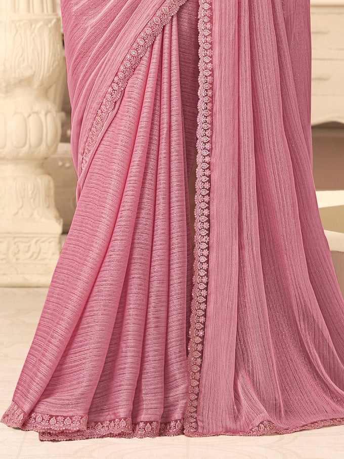 Light Pink Chiffon Embroidery Sequence work Saree with Unstitched Blouse Piece Trendmalls