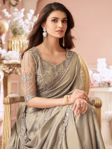 Tussar Silk Embroidery With Sequence Work Saree with Unstitched Blouse Trendmalls