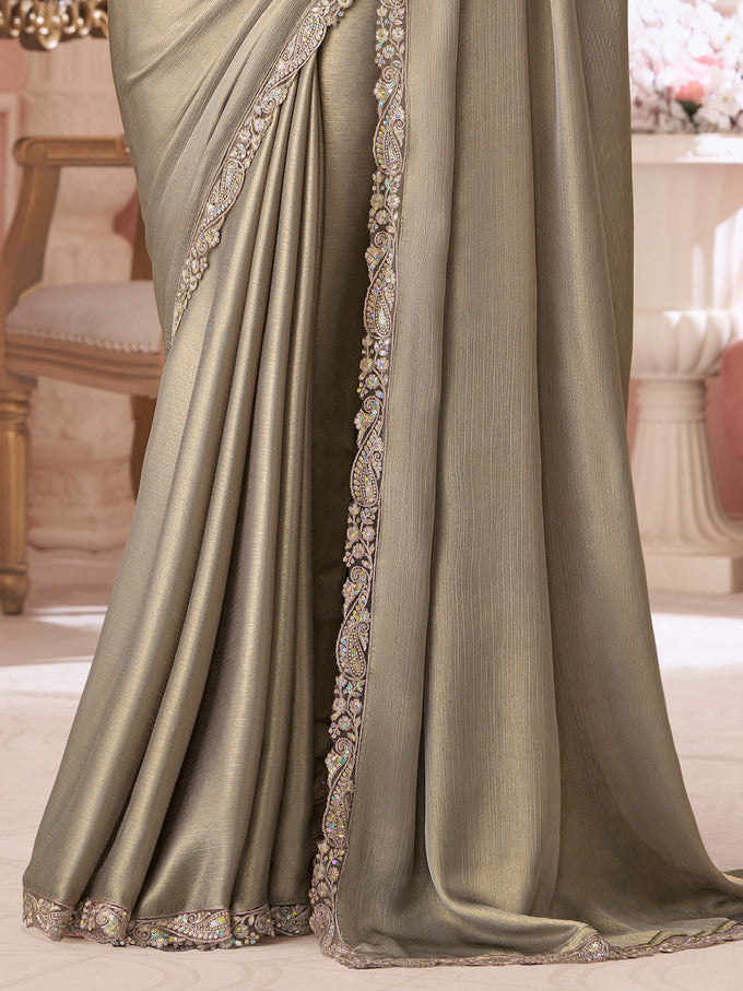 Tussar Silk Embroidery With Sequence Work Saree with Unstitched Blouse Trendmalls