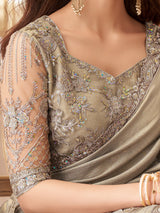 Tussar Silk Embroidery With Sequence Work Saree with Unstitched Blouse Trendmalls